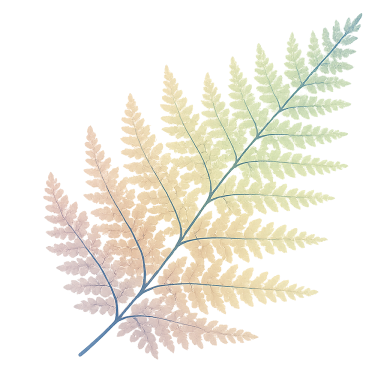 A pastel watercolor fern frond in rainbow gradient tones