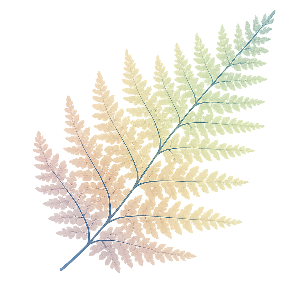 A pastel watercolor fern frond in rainbow gradient tones